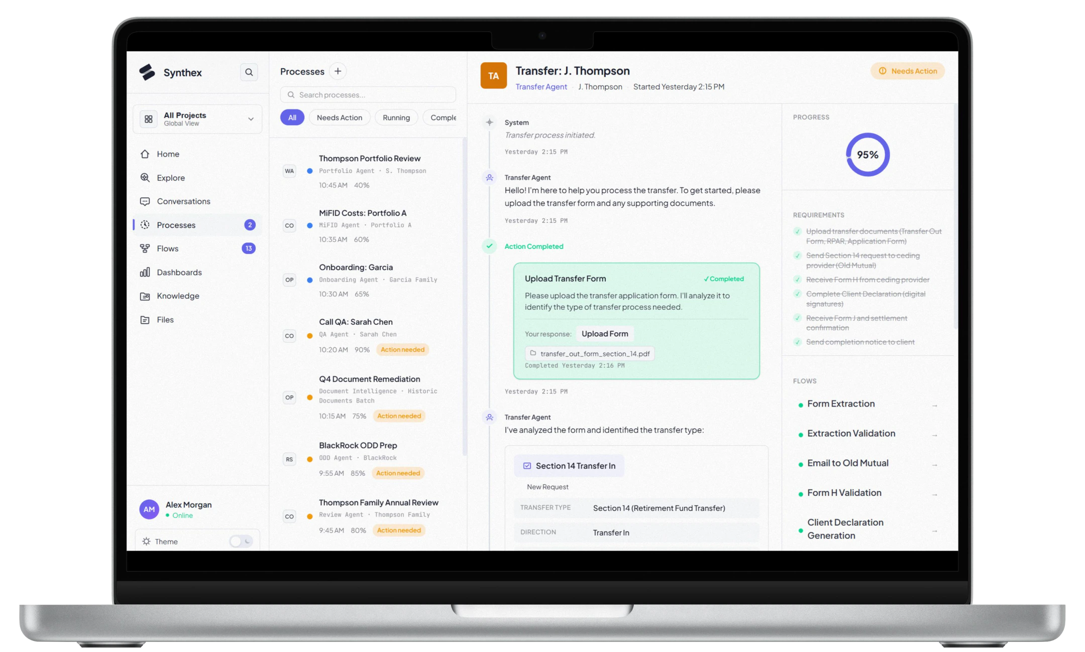 Synthex platform showing a process running with progress, requirements, flows, and evidence visible in one view